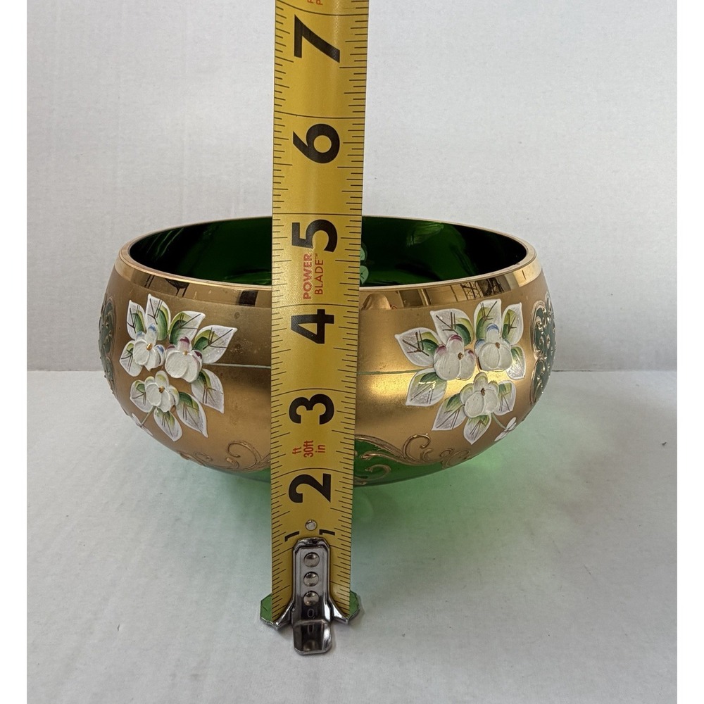 Czech Bohemian Gilded Gold Green Glass Bowl - Picture 12 of 12